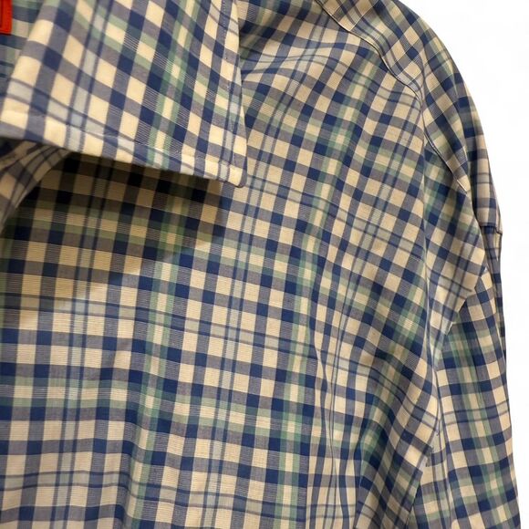 Isaia Men's Blue Green & White Plaid Long Sleeve Button Down Sz 18 / 45 Shirt - Picture 4 of 7